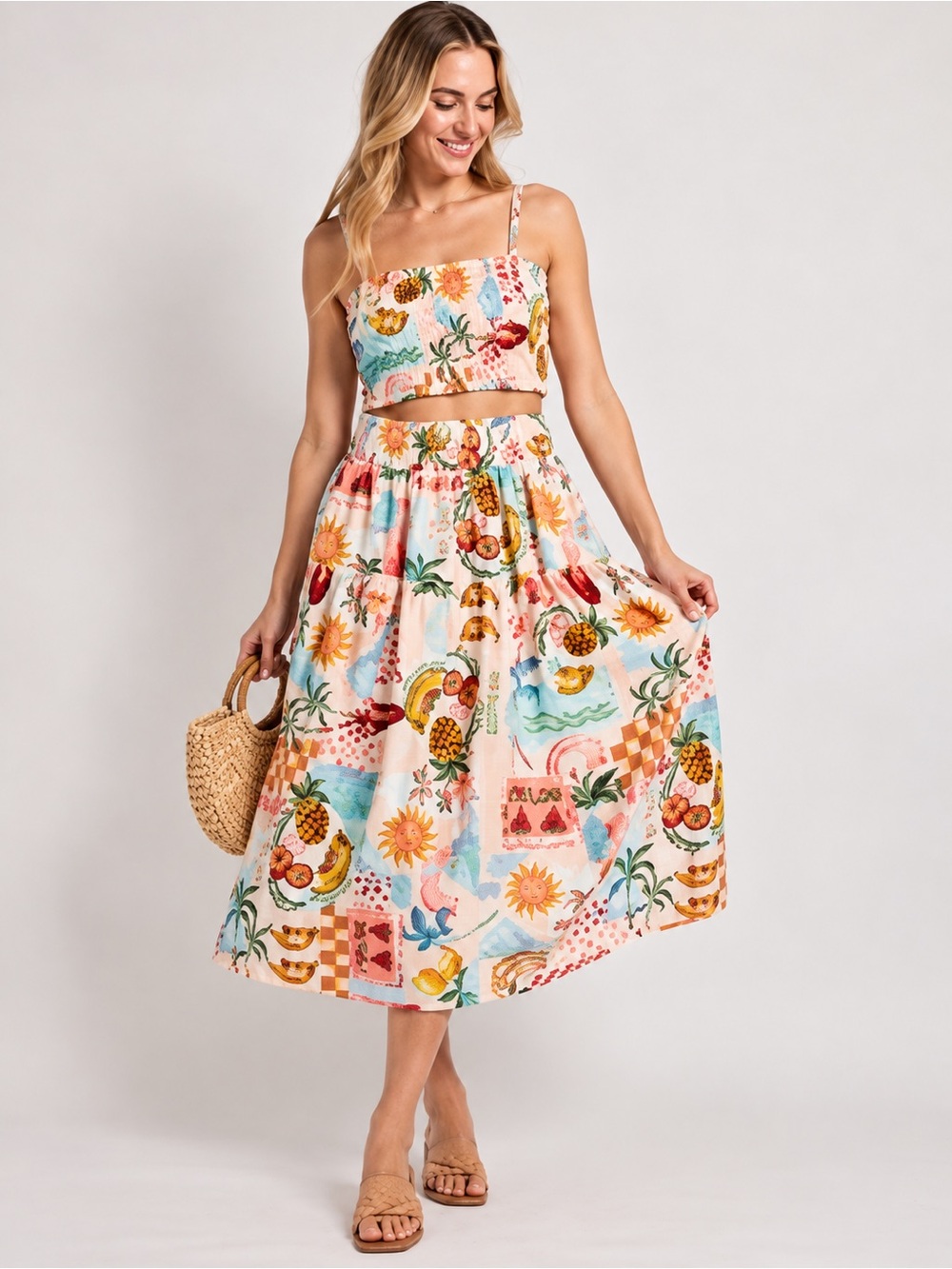 New Paper Hearts Linen Tropical Crop Top Midi Skirt 2-Piece Set